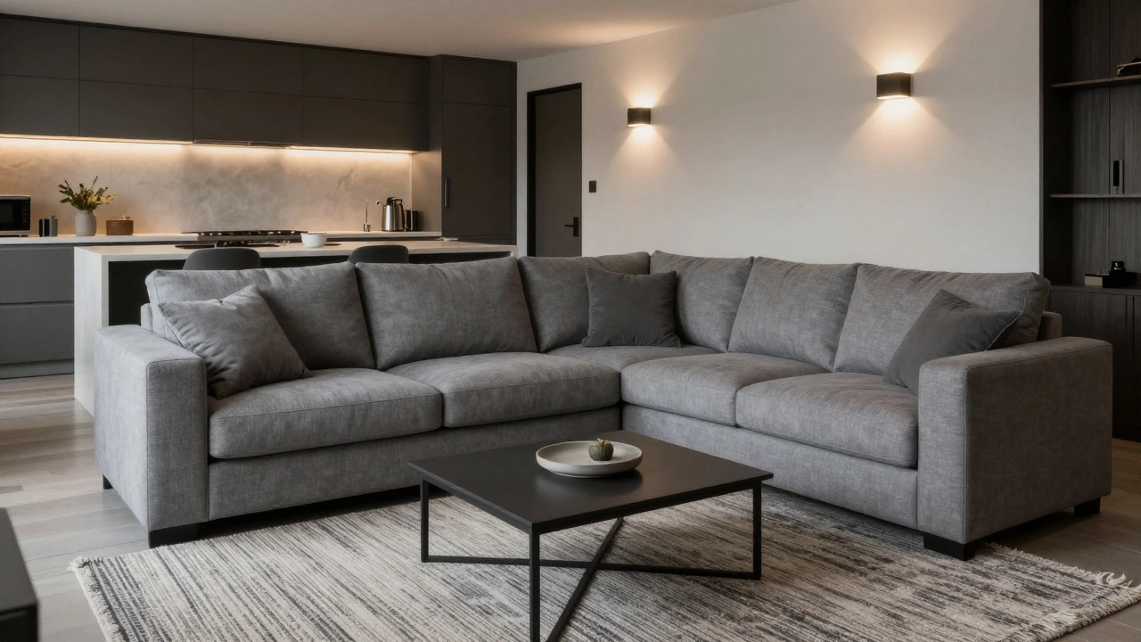 Grey sectional sofa dividing living room from kitchen
