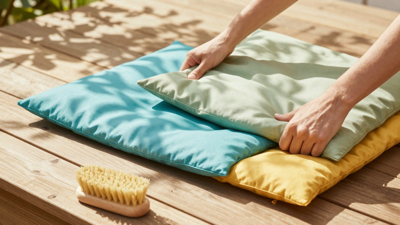Hands flipping and rotating dry outdoor cushions on a sunny wooden deck