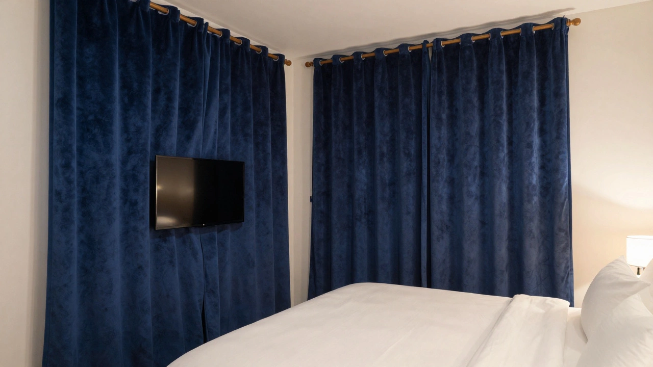 Heavy navy velvet curtains drawn closed over a TV area in a serene bedroom.
