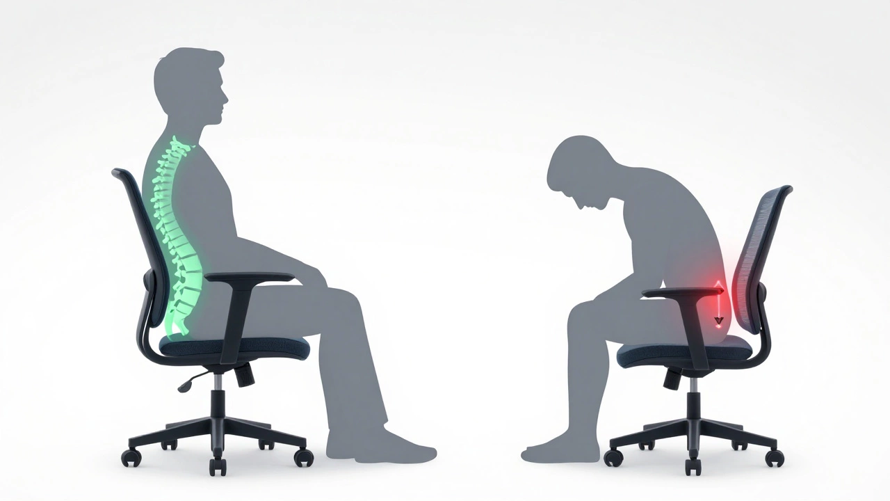 Illustration comparing proper spinal support vs poor posture in chairs