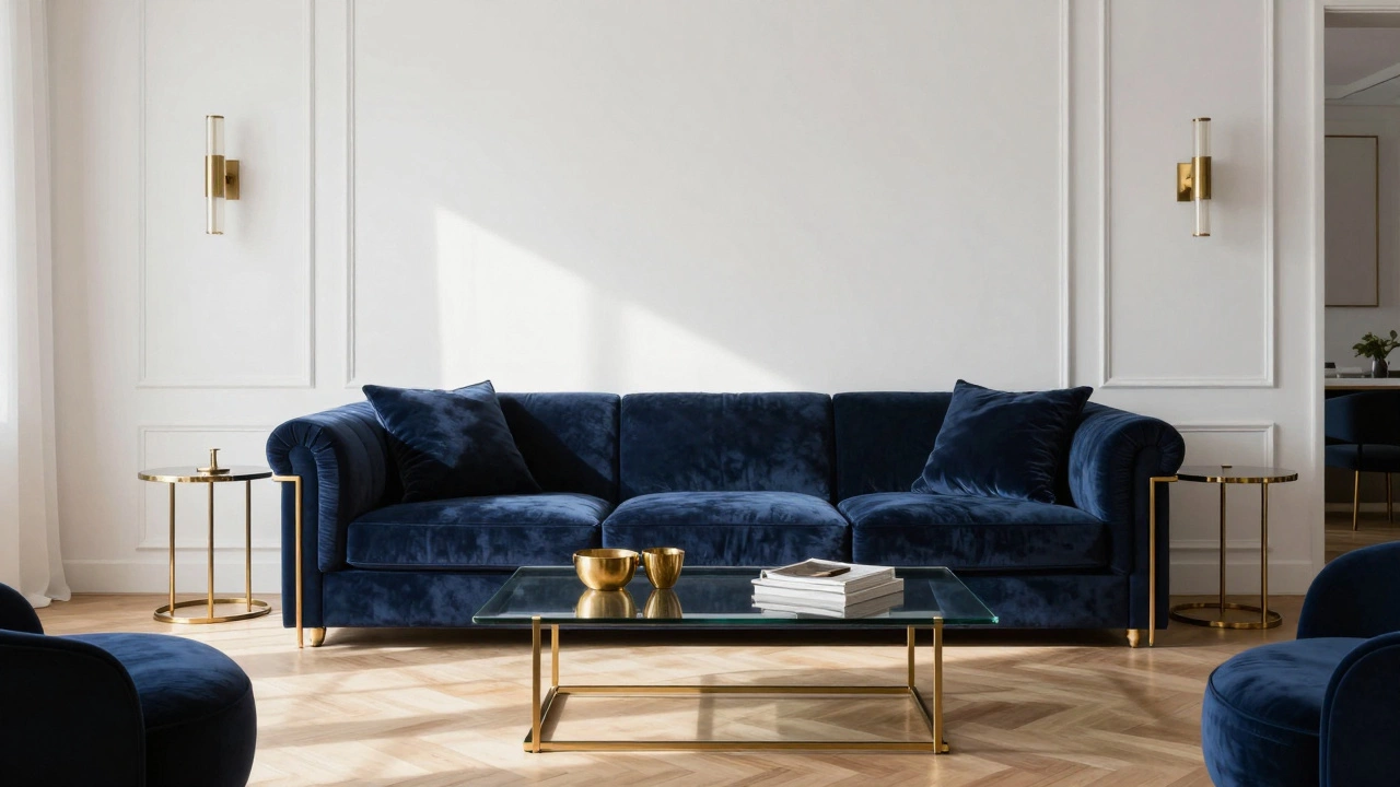 Navy blue velvet sofa with brass accents in an elegant dining space