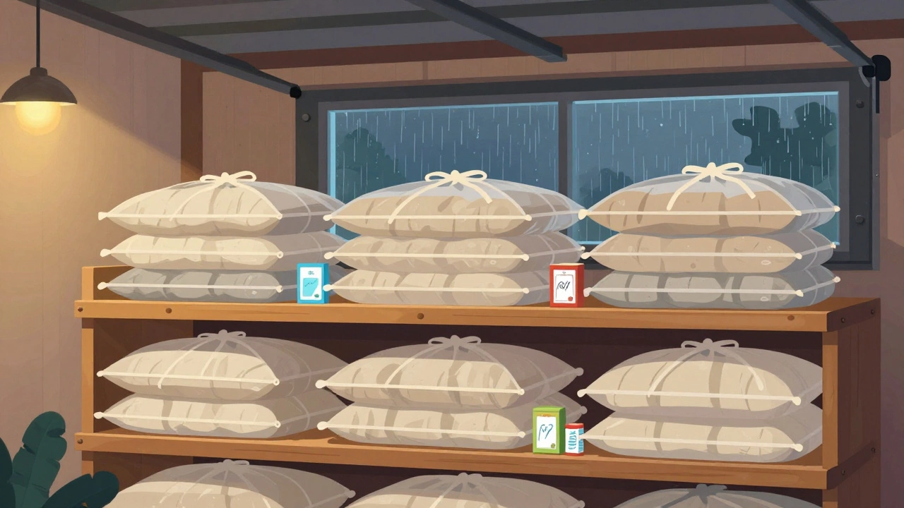 Neatly stored cushions in breathable bags on shelves in a dry garage