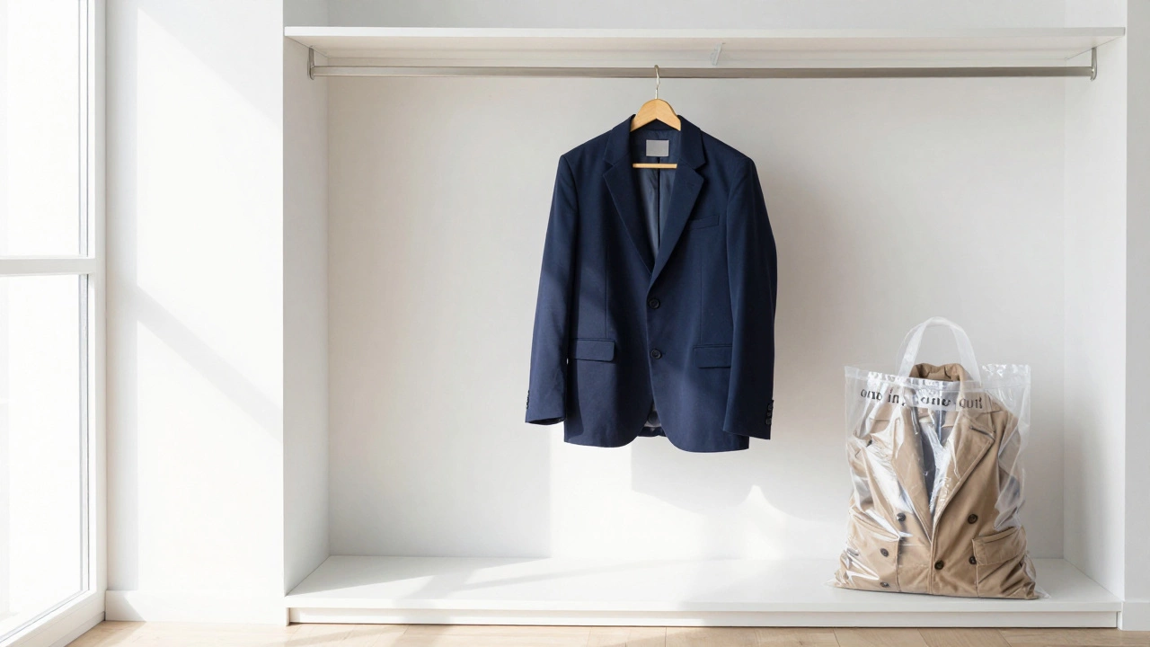 New jacket on a hanger next to a donation bag with an old coat