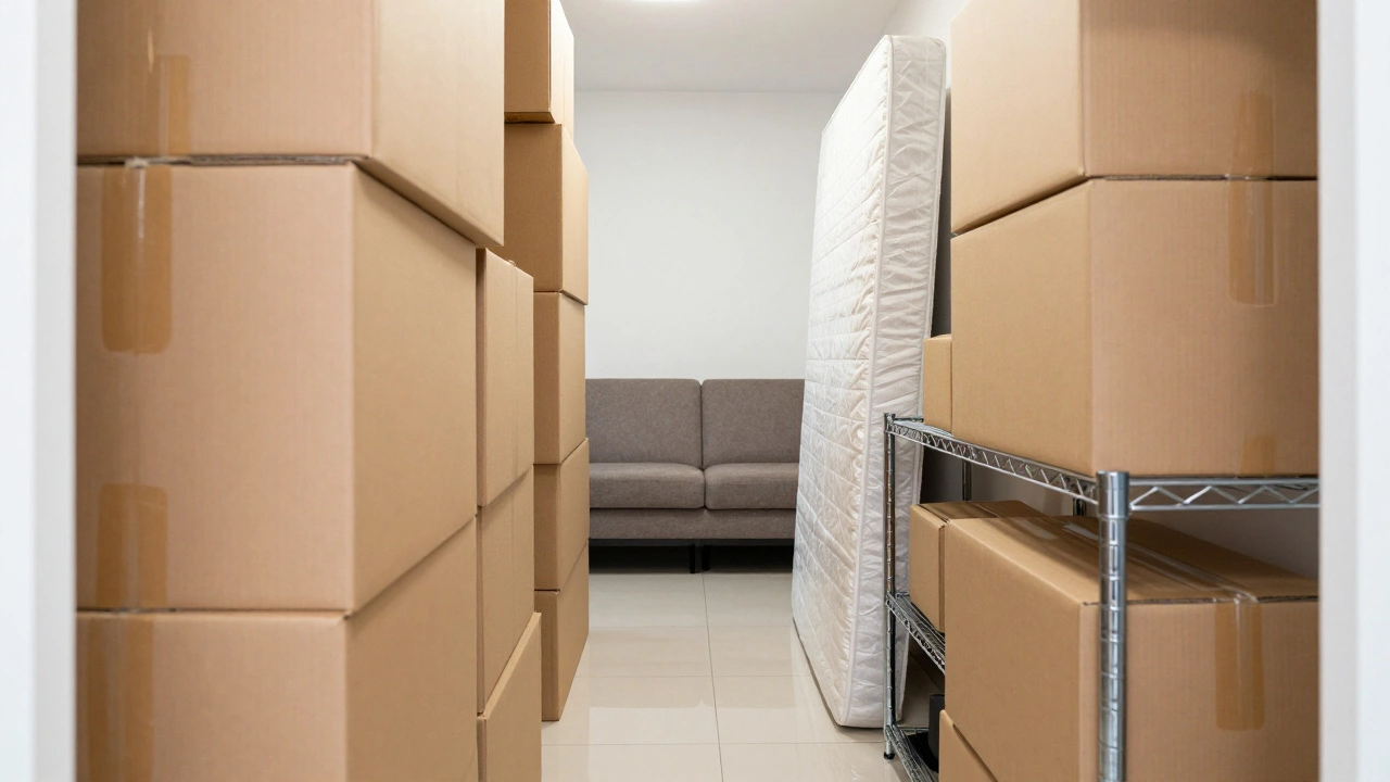 Organized storage unit with stacked boxes, shelves, and furniture