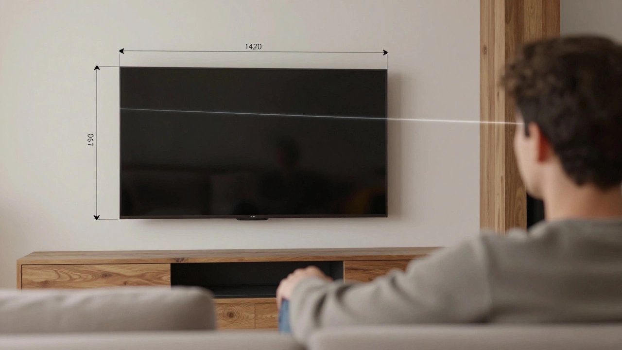 Person measuring TV height relative to seated eye level on wall