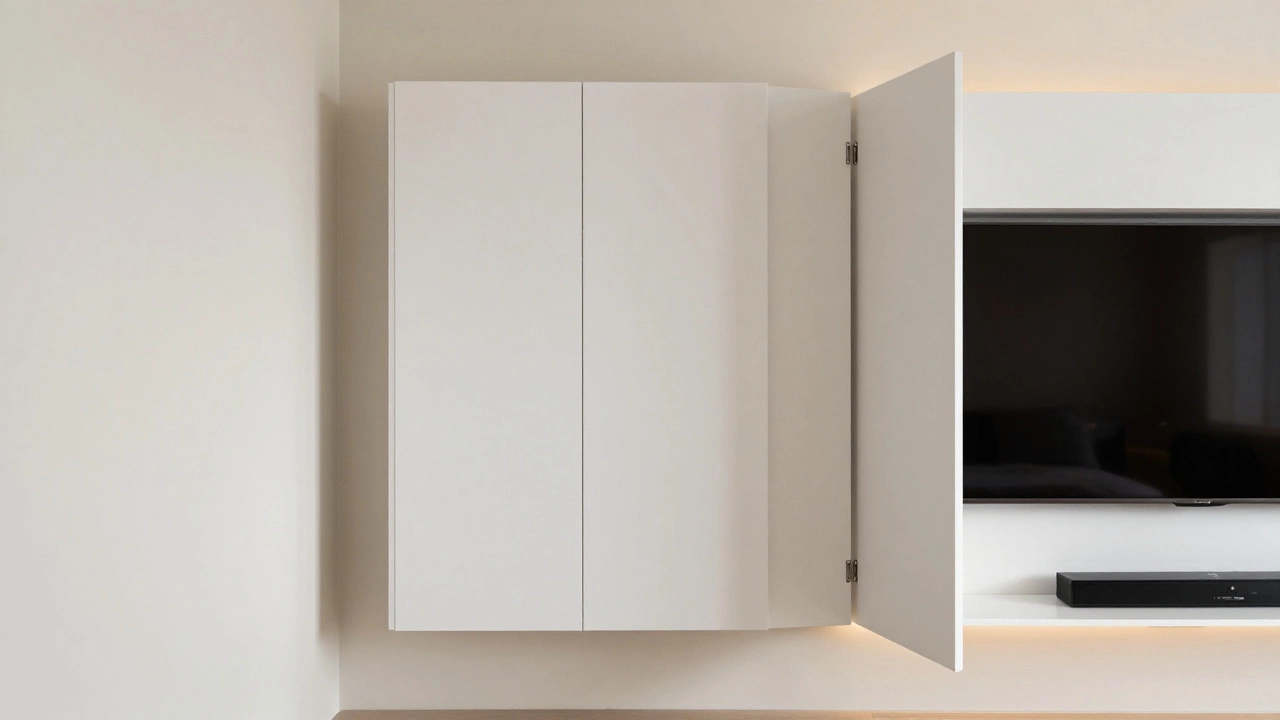 Sleek white bi-fold cabinet concealing a television in a modern minimalist bedroom.