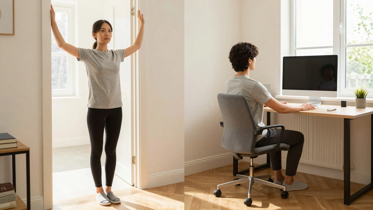 Split view of doorway stretch and correct seated posture in bright office