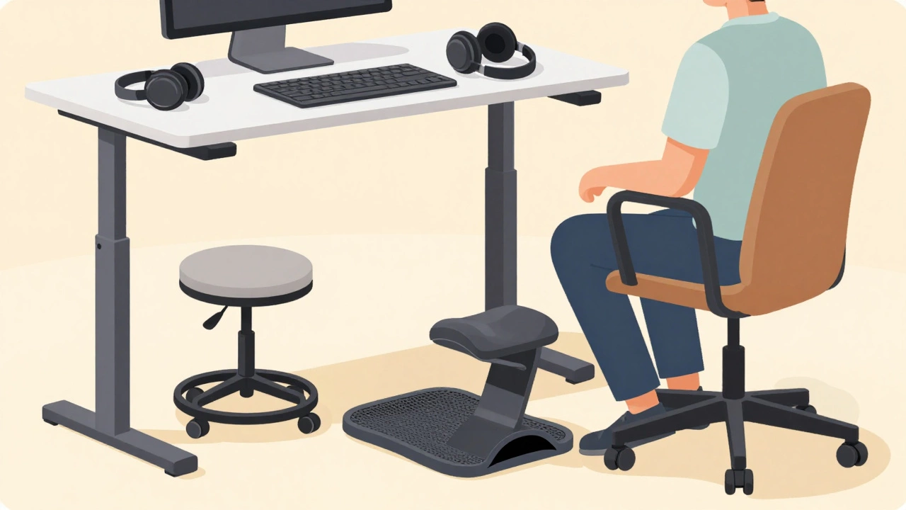 Standing desk with wobble stool and kneeling chair for dynamic sitting