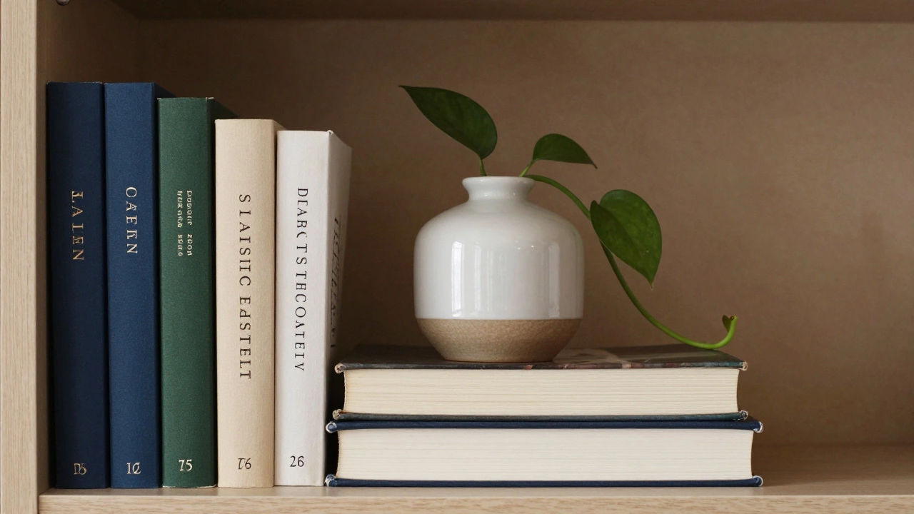 Stylized shelf section with vertical books, a horizontal stack, and a plant.