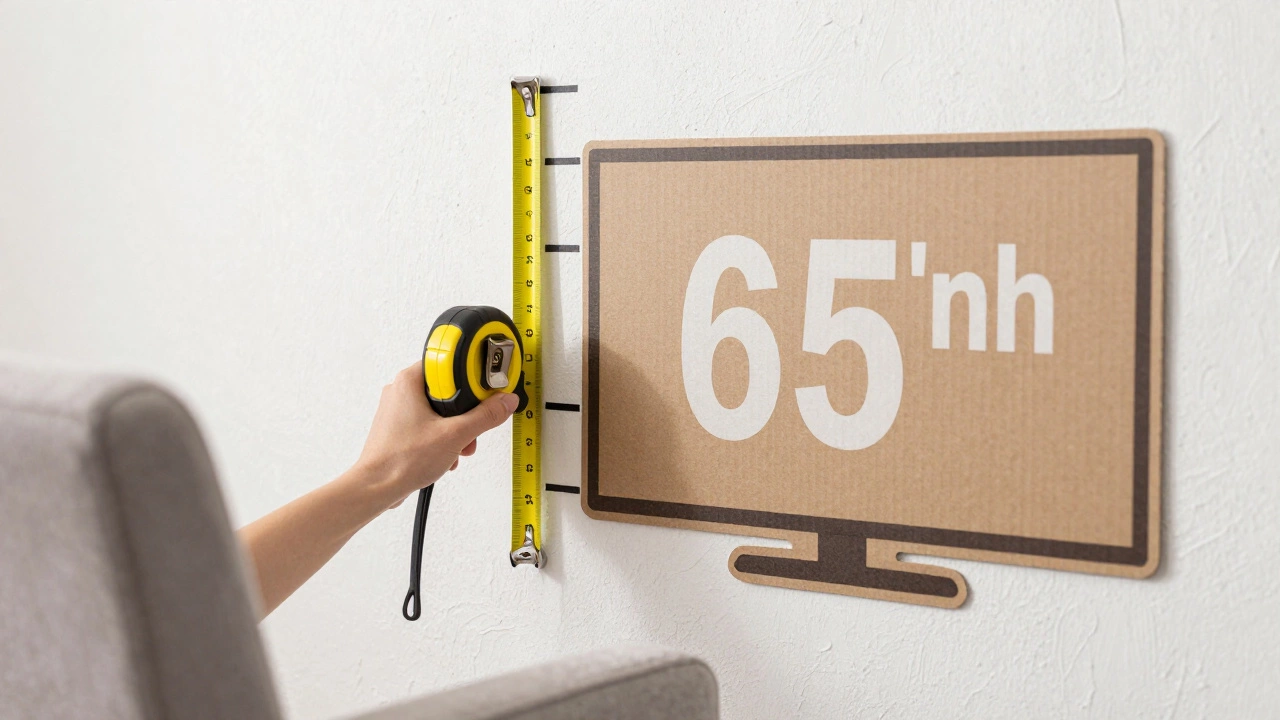 Tape measure and cardboard TV mockup on wall for height calculation