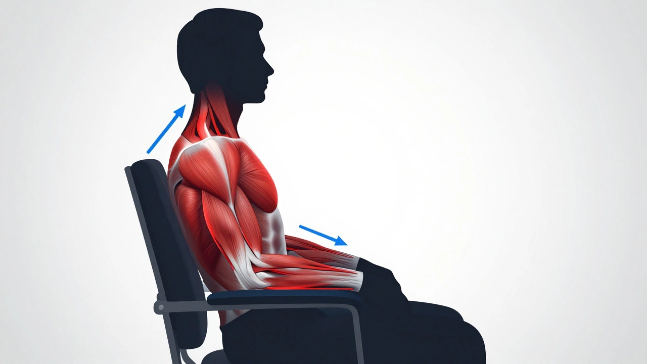 Anatomical diagram showing shoulder strain from unsupported arms