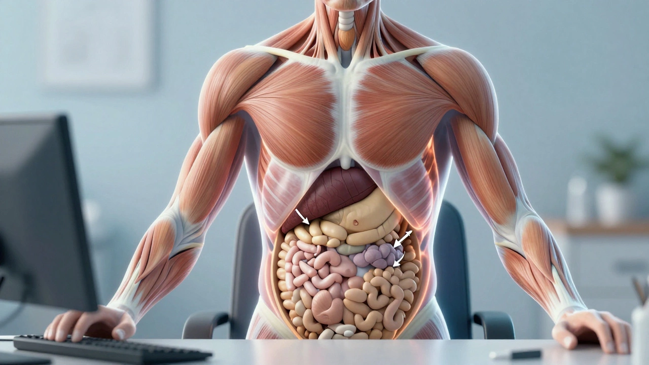 Anatomical illustration of core muscles engaging during seated breathing
