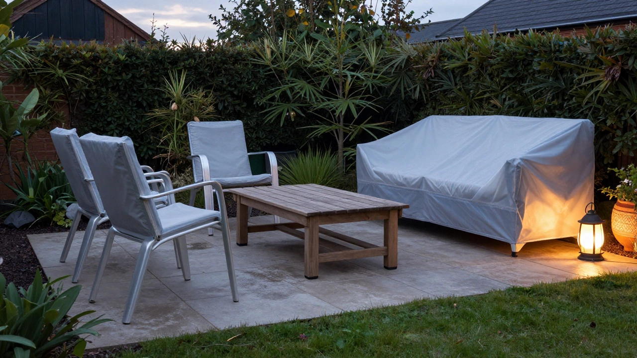 Clean patio furniture elevated on feet with trimmed garden