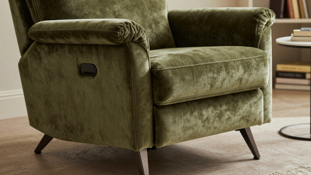 Close-up of olive green velvet recliner with tapered metal legs