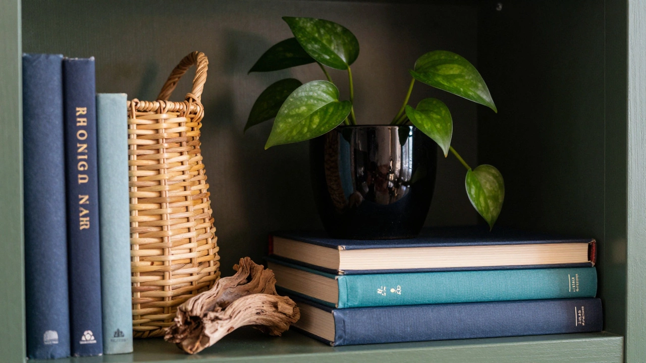 Close-up of textured decor items including a basket, plant, and stacked books