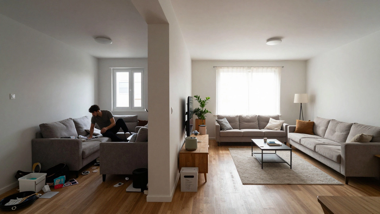 Comparison of blocked vs open living room layouts showing impact on traffic flow.