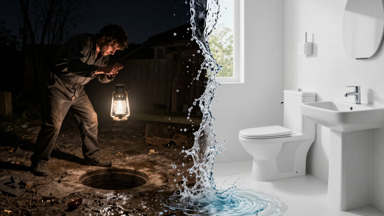 Contrast between 19th century cesspit and modern bathroom