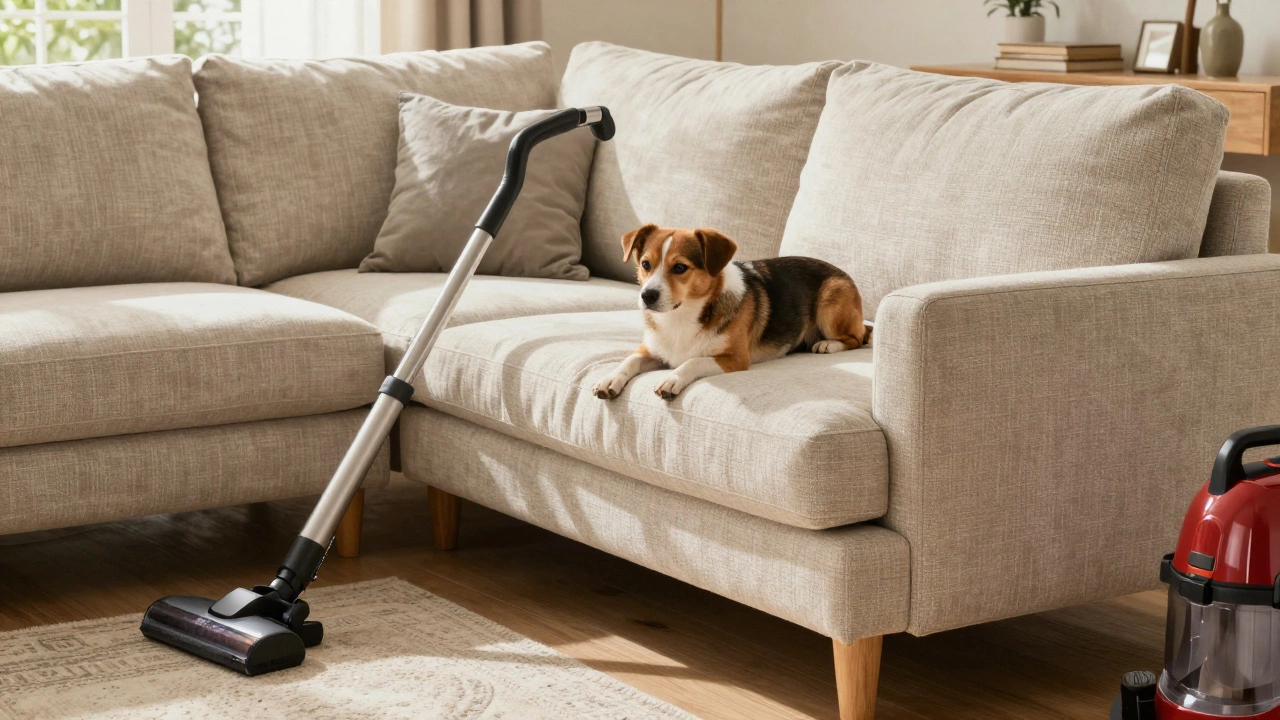 Dog resting on durable performance fabric corner sofa