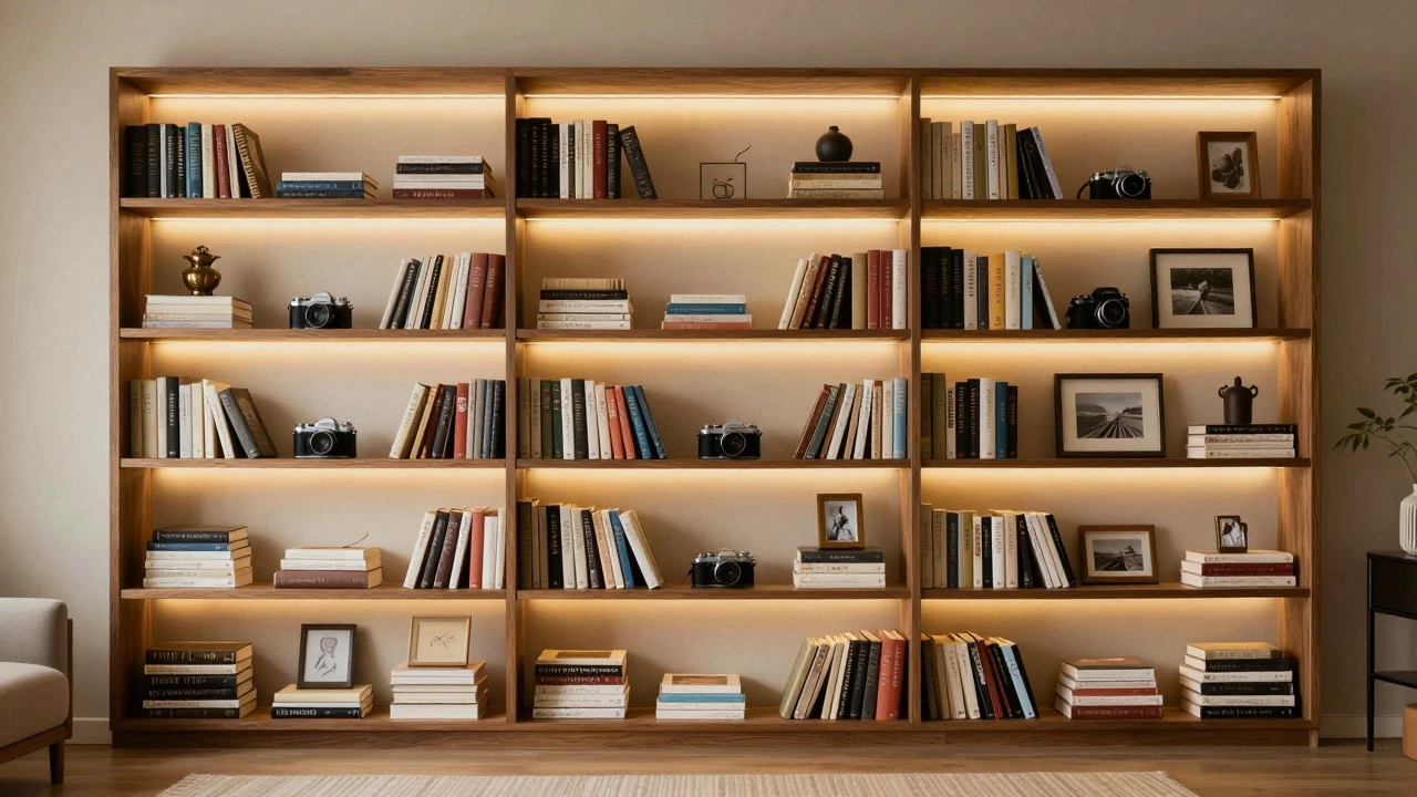 Fully styled asymmetrical bookcase with warm lighting and varied objects