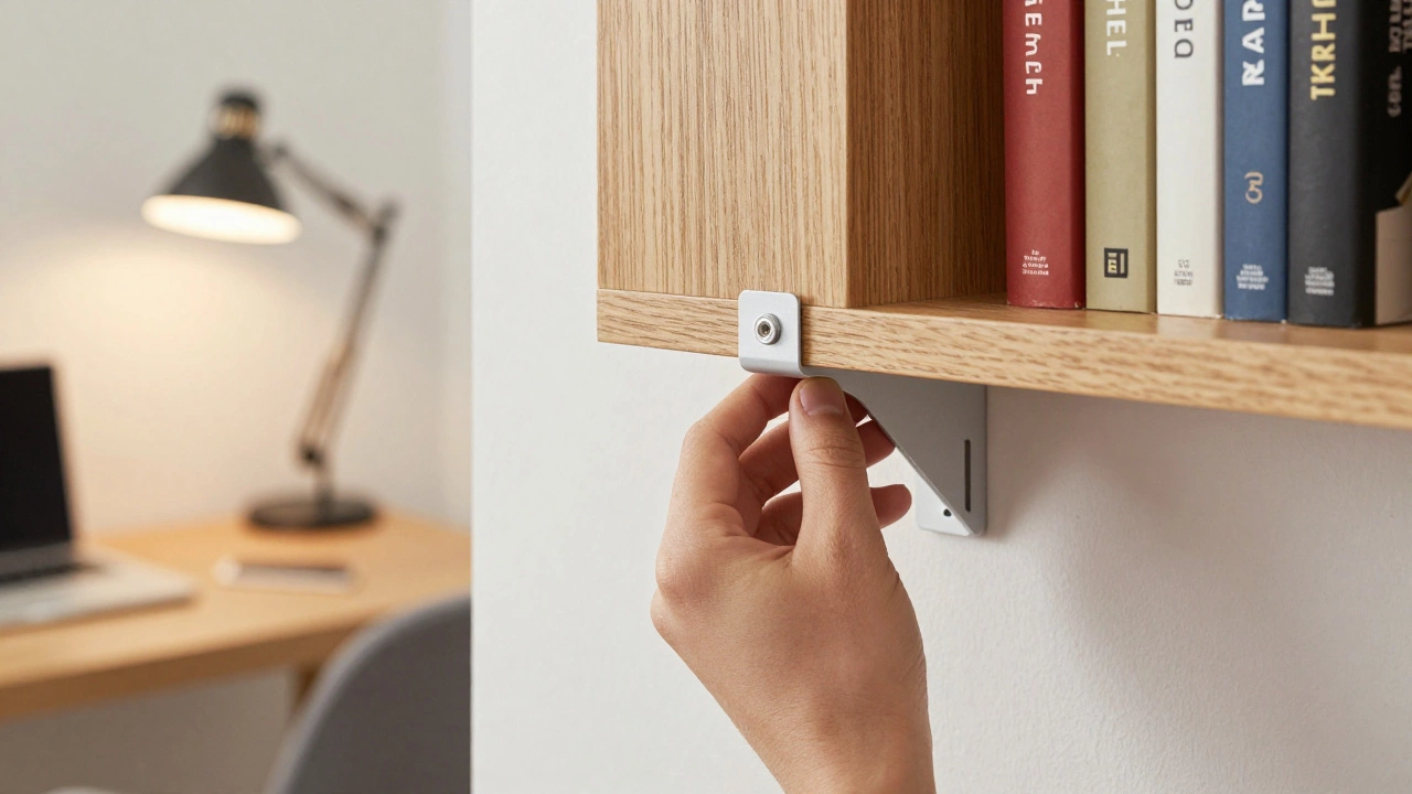 Hand securing a bookcase to the wall with an anti-tip bracket for safety