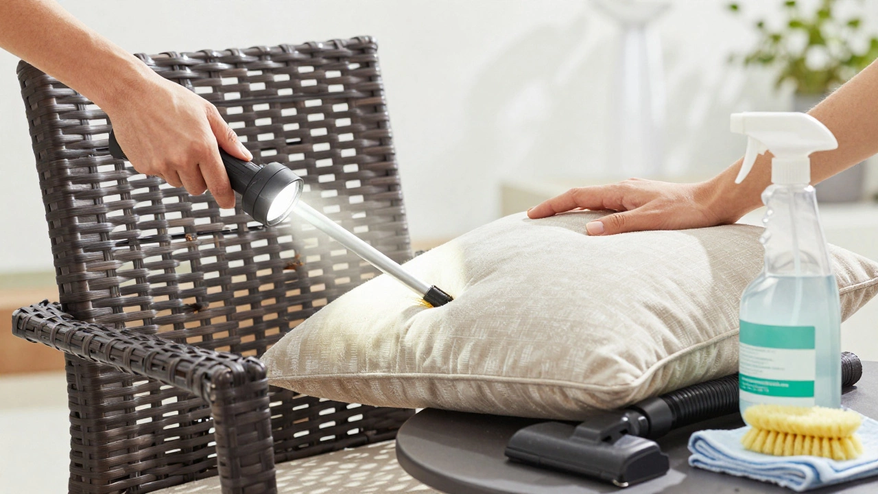 Hands inspecting patio furniture with flashlight and vacuum