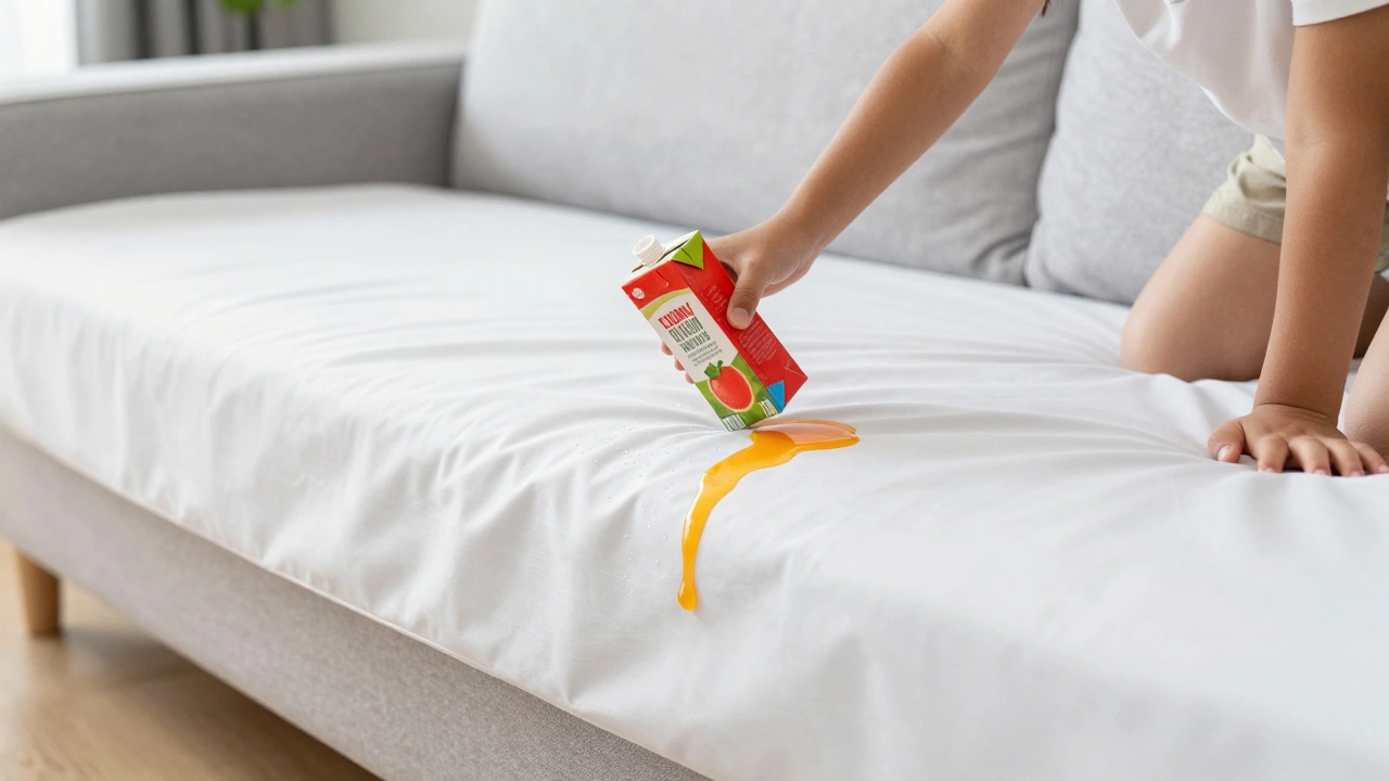 Juice spill beading on white sheet over couch