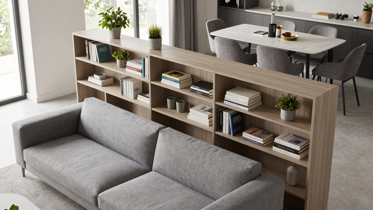 Low bookshelf acting as a room divider behind a sofa in open-plan living room