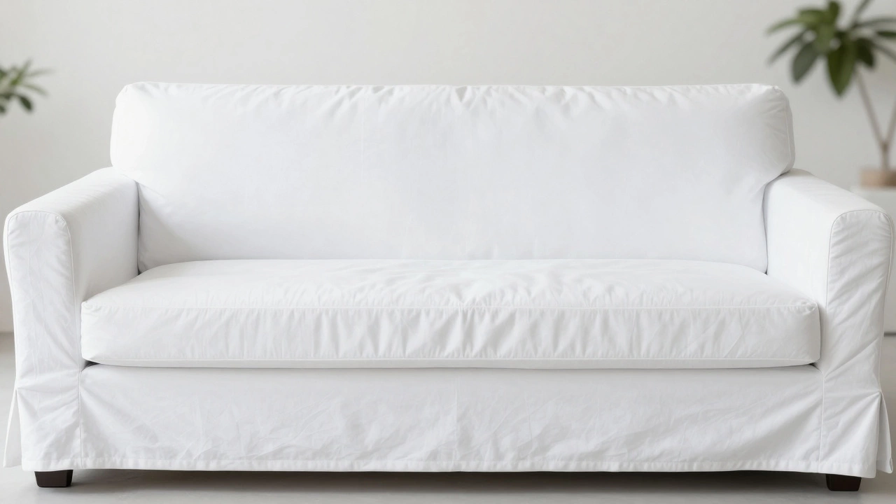 Minimalist dark sofa covered in white sheet