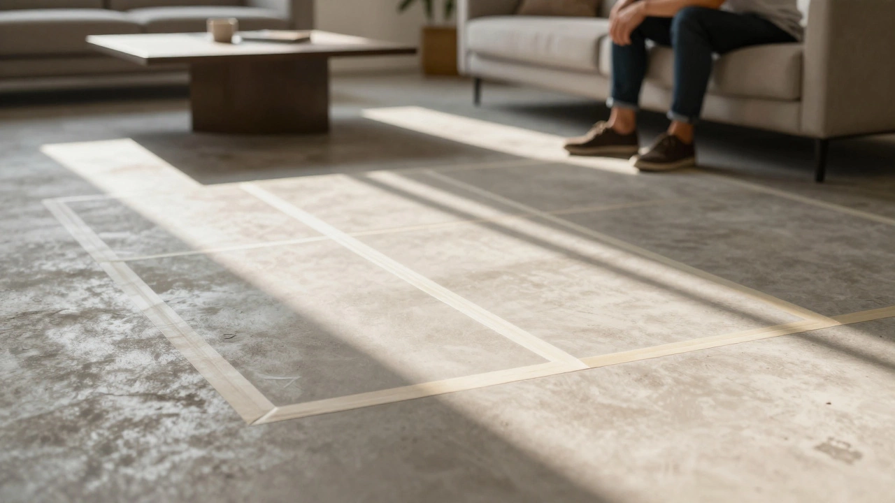 Painter's tape on floor outlining sofa placement options during room planning.