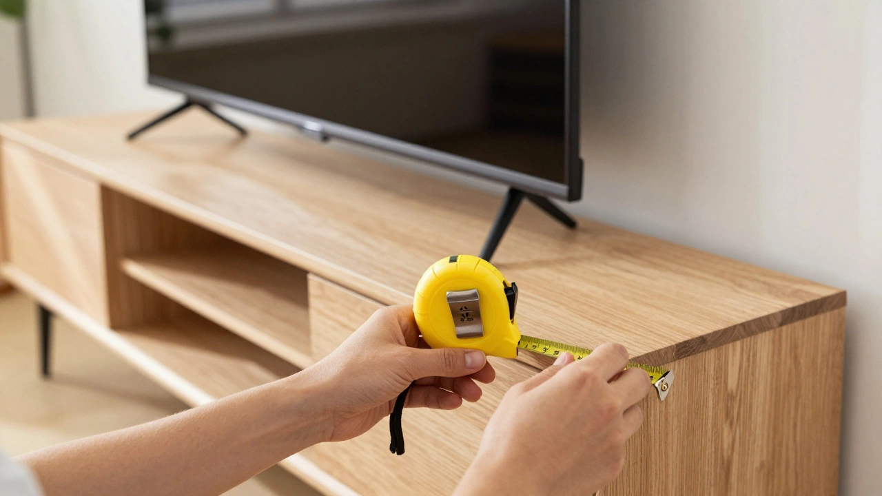 Person measuring a TV stand with a tape measure and using a cardboard mockup for sizing.