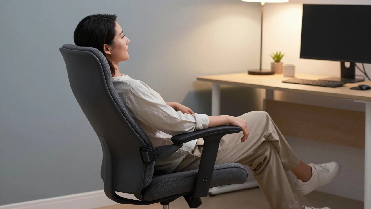 Person relaxing in an ergonomic power recliner in a home office