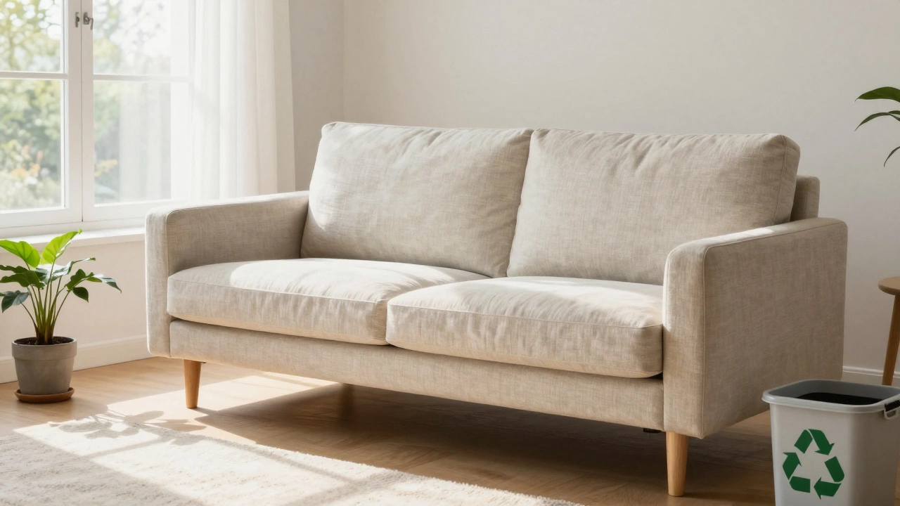 Restored vintage sofa in bright living room symbolizing sustainable choice