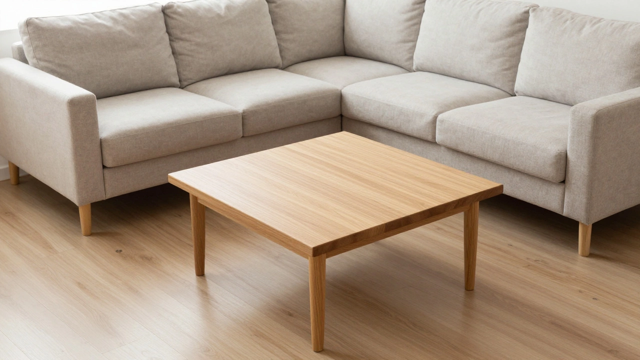 Square wooden coffee table matching a rectangular sofa setup