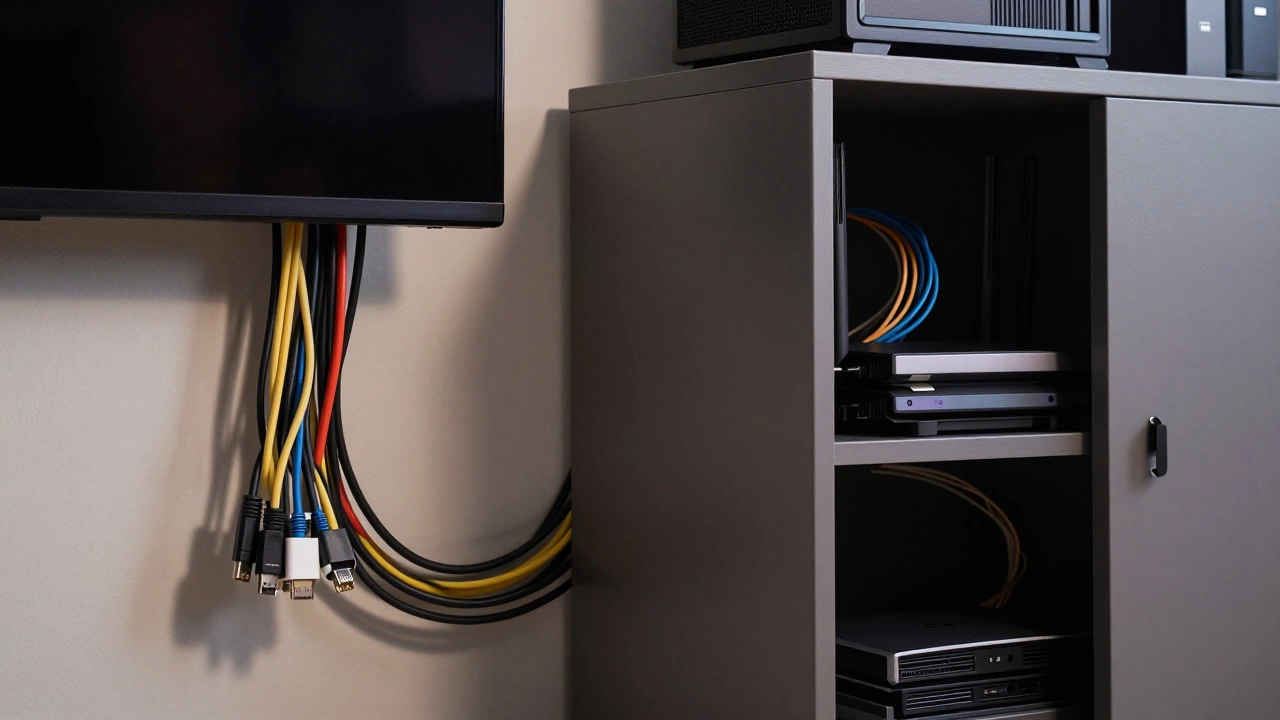 Tangled cables behind mounted TV vs hidden wires in media console
