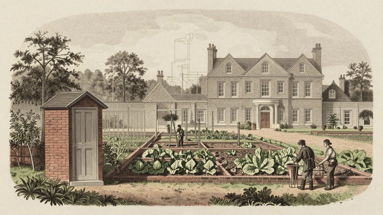 Victorian illustration of gardener's loo and manor house
