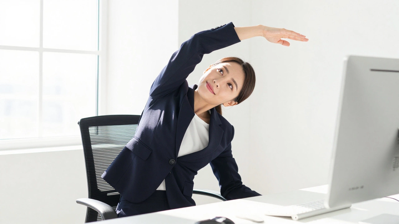Woman doing a seated side stretch exercise at her desk