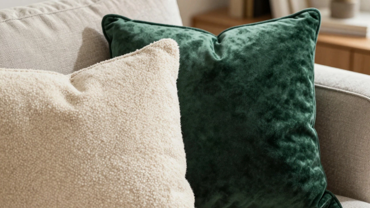 Close-up of layered sofa cushions showing contrasting fabric textures