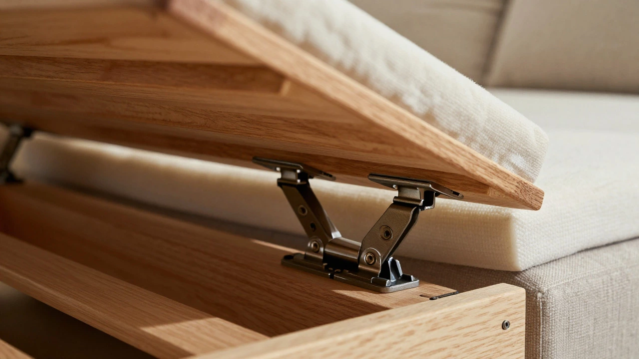 Close-up of sturdy sofa bed frame mechanism showing wood slats and steel hinges