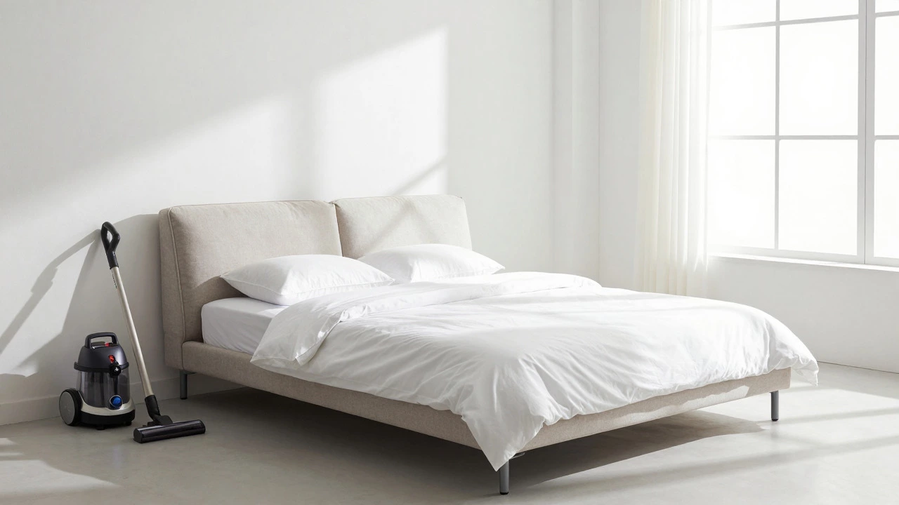 Converted wall-hugger sofa bed with white linens in a bright, clean studio apartment