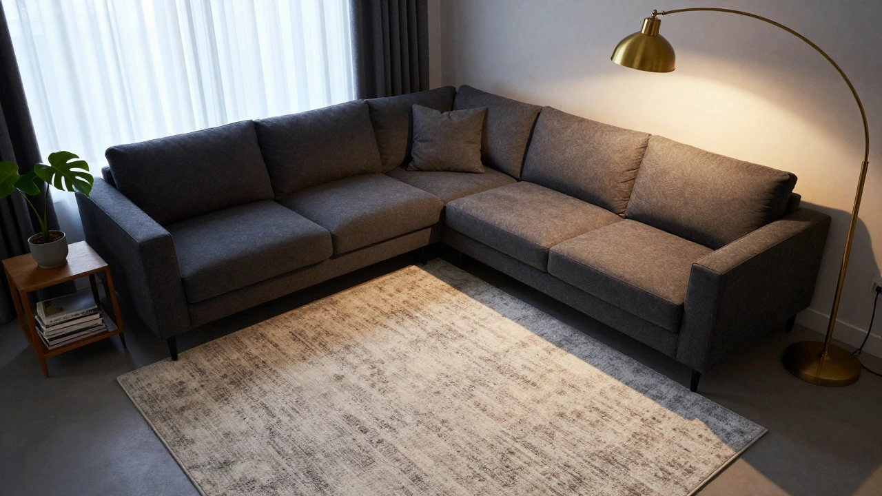 Dark sectional sofa on a large light rug with an arc lamp and side table plant