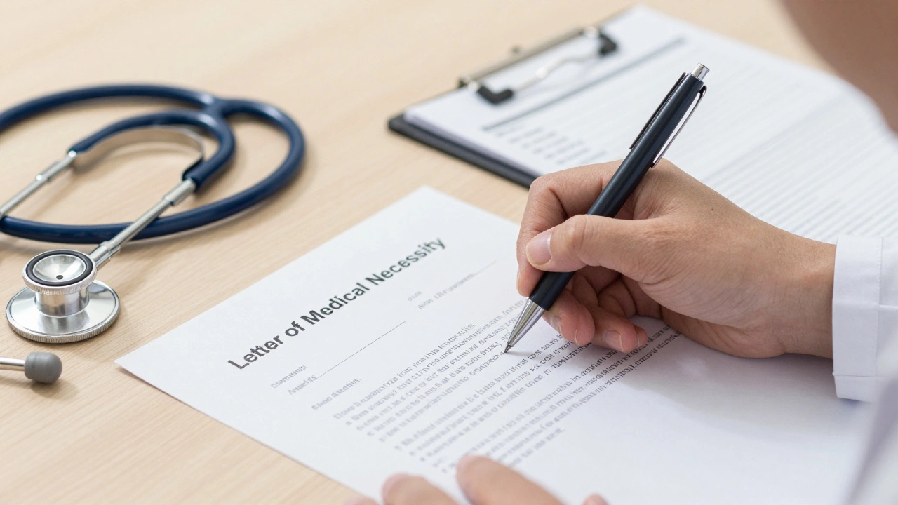 Doctor signing a medical necessity letter on a desk with stethoscope