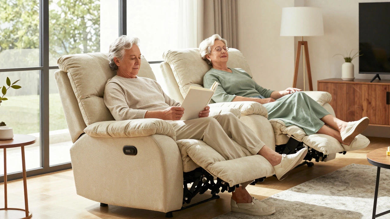 Elderly couple relaxing comfortably in a stylish living room with supportive recliners.