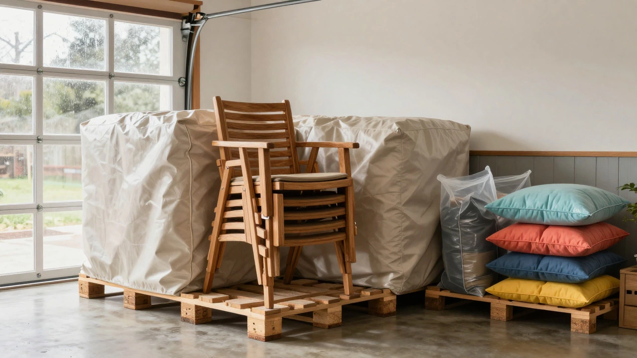 Garden furniture stored safely on pallets and shelves in a dry garage