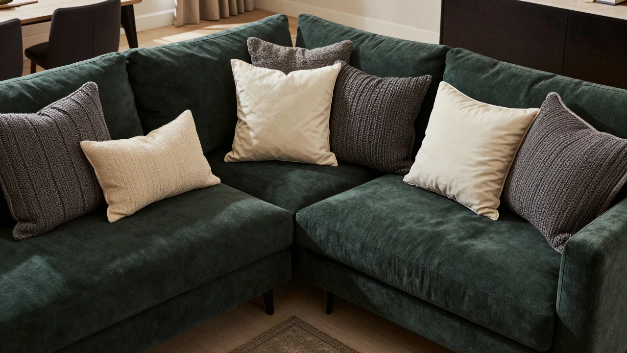L-shaped sectional sofa with mixed texture pillows distributed along backrests