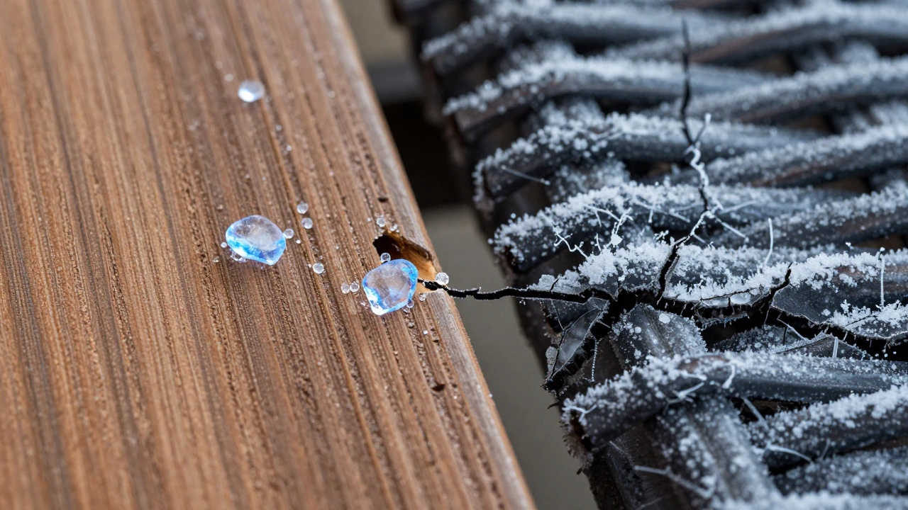 Macro view of ice crystals damaging wood grain and brittle resin wicker fibers