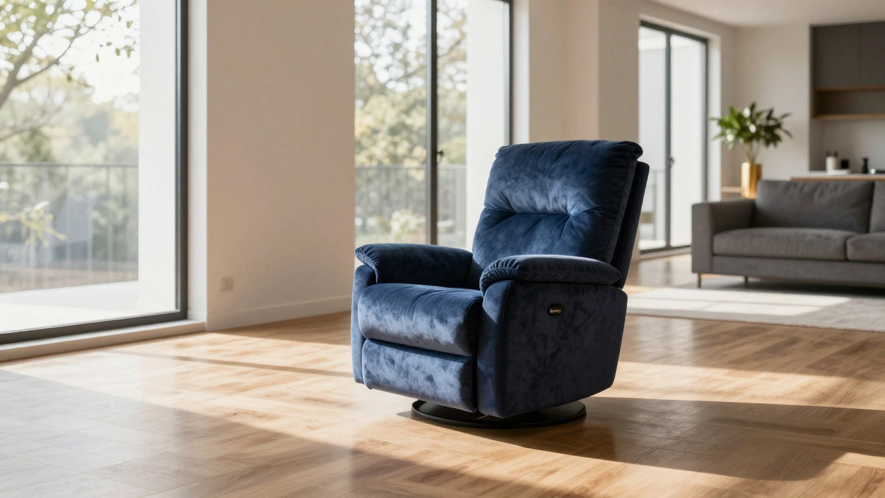 Modern navy velvet recliner in a bright, minimalist living room