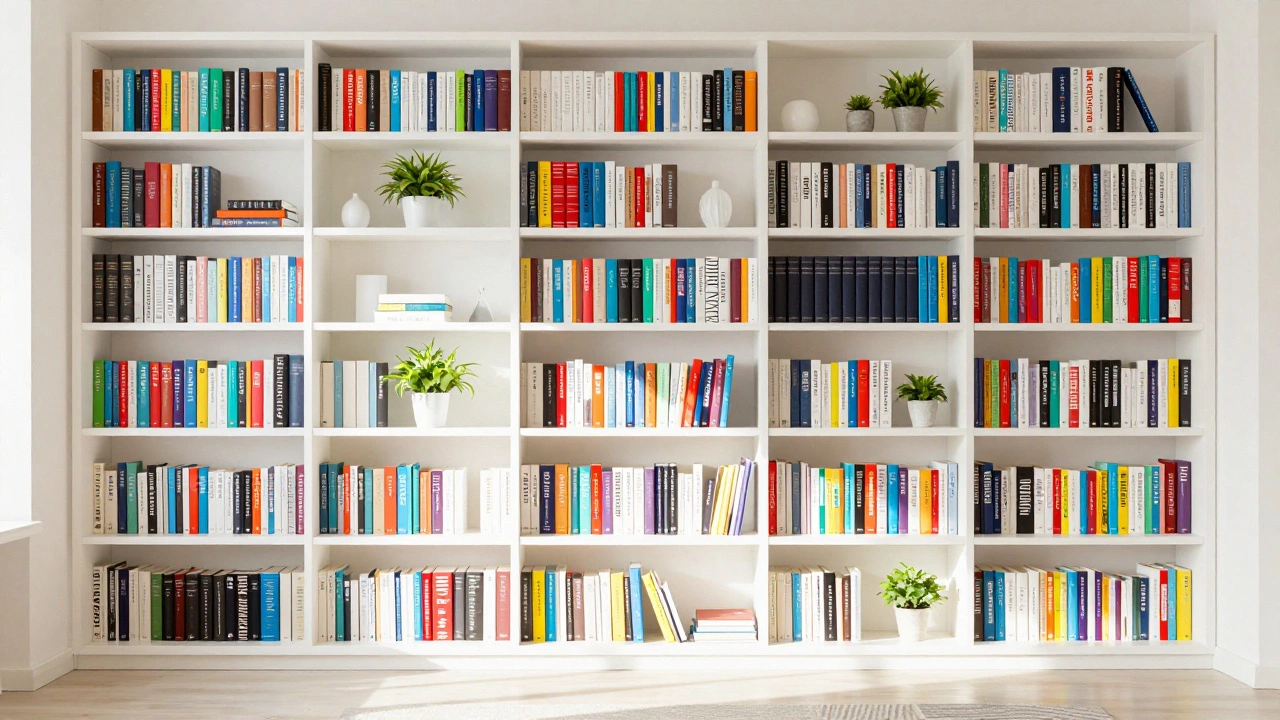 Neatly organized colorful bookshelf in sunlit room