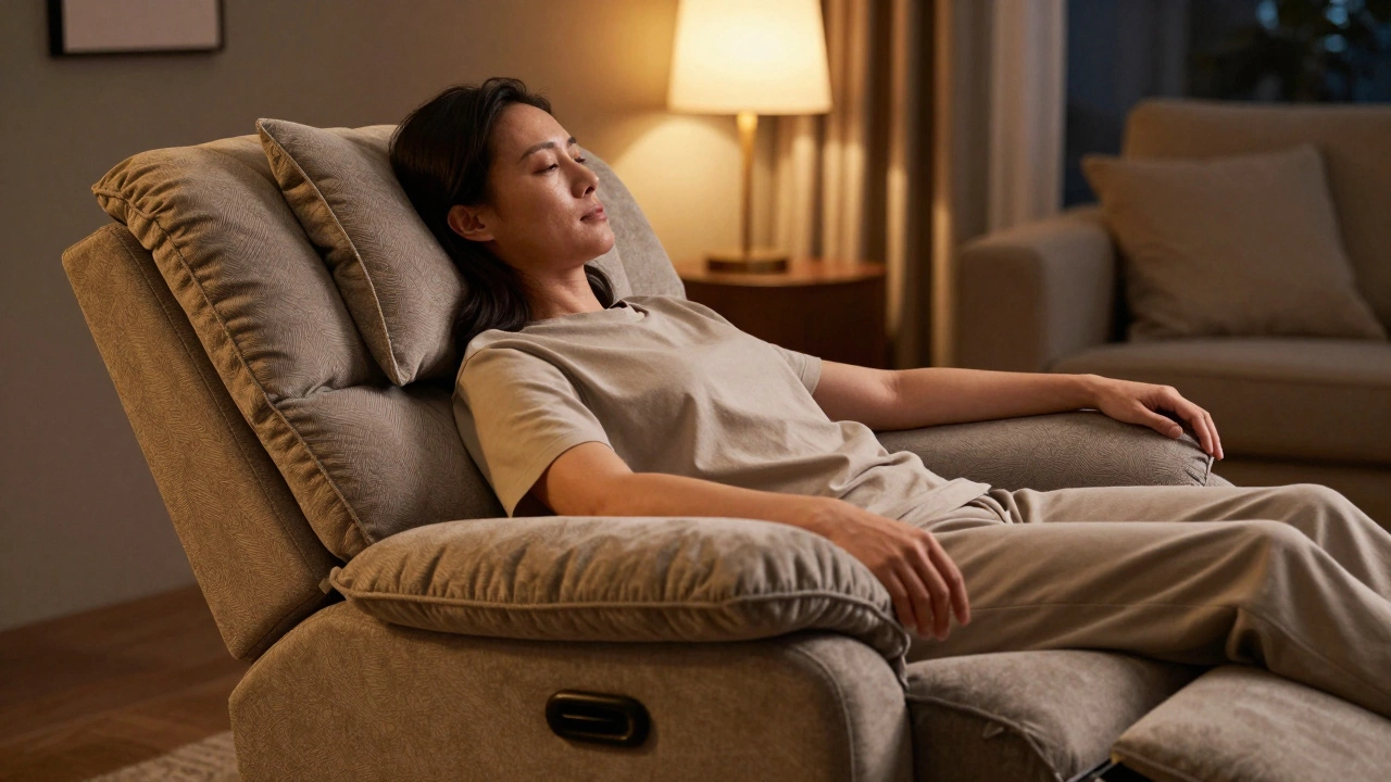 Person relaxing in a plush ergonomic recliner under warm lighting