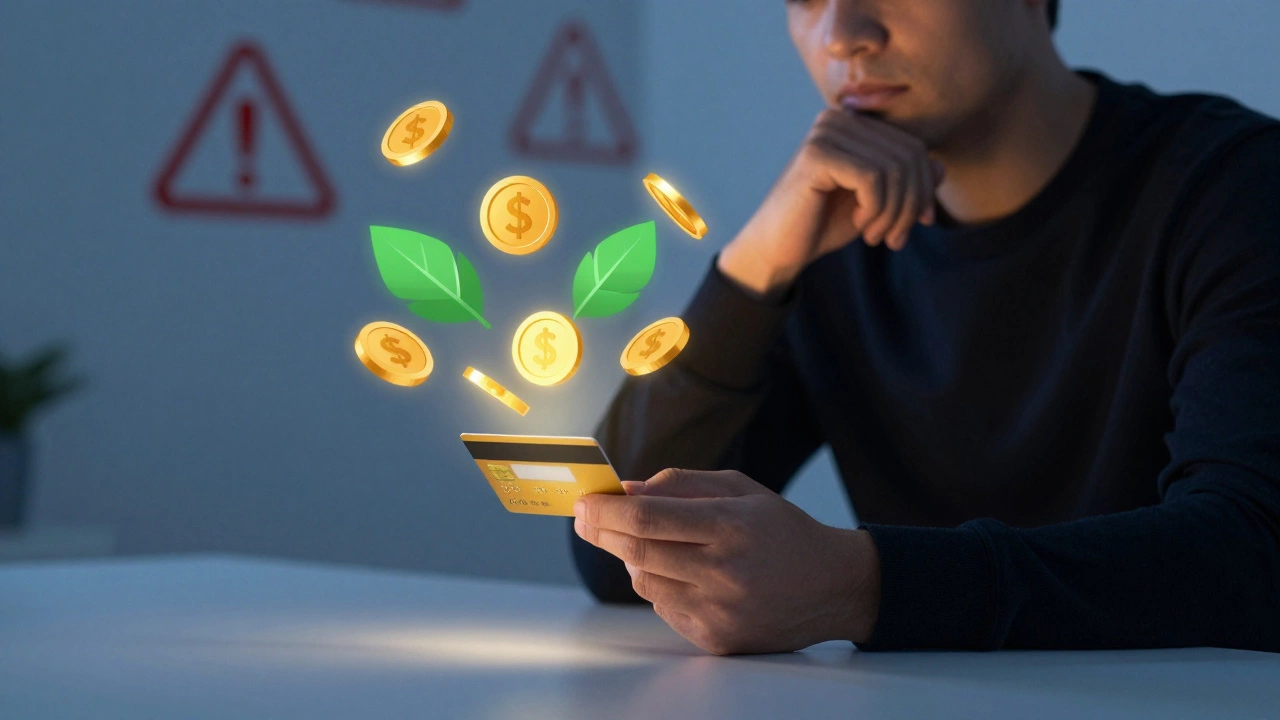 Person with credit card surrounded by reward icons