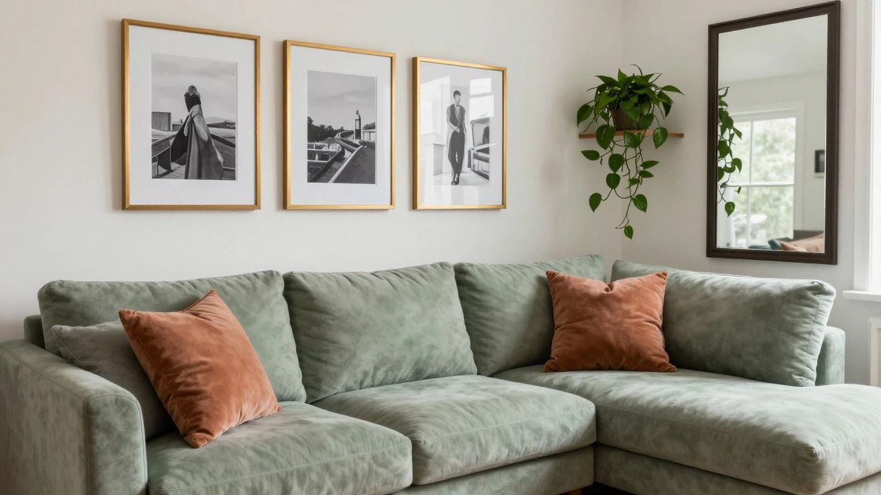 Styled sofa with gallery wall art, mirror, and hanging greenery in a cozy living room